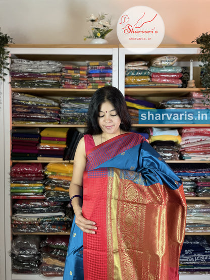 Blue and Red Lichi Silk/Semi Silk Saree