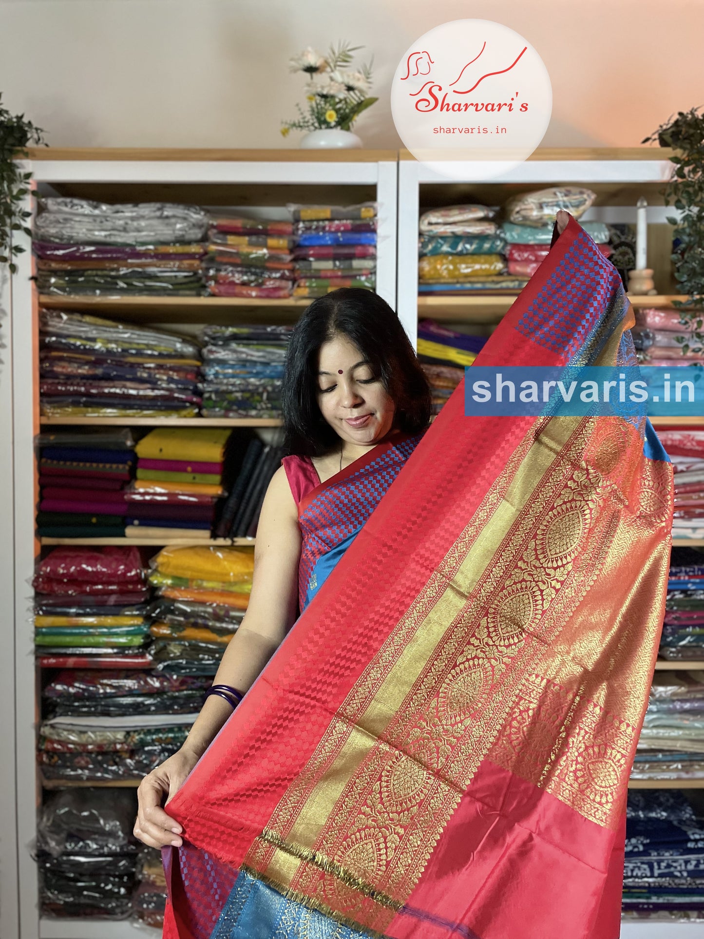 Blue and Red Lichi Silk/Semi Silk Saree