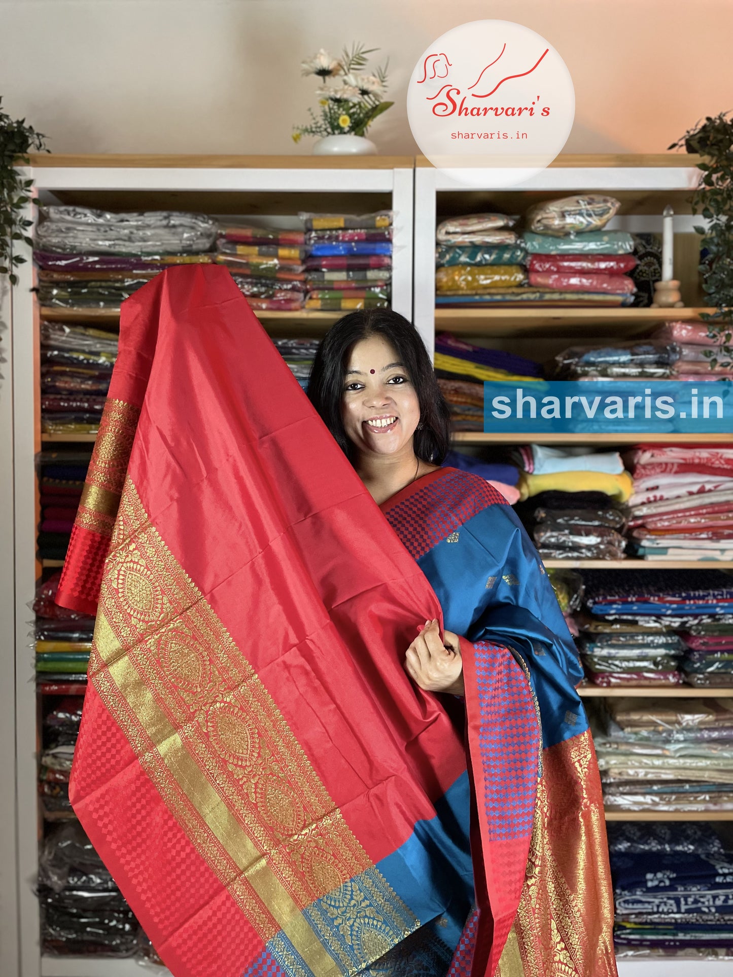 Blue and Red Lichi Silk/Semi Silk Saree