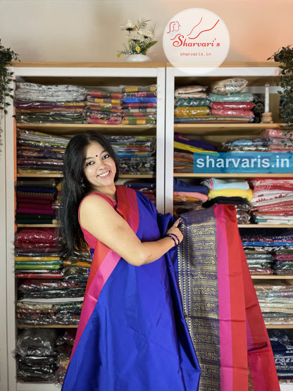 Navy Blue and Red Lichi Silk/Semi Silk Saree