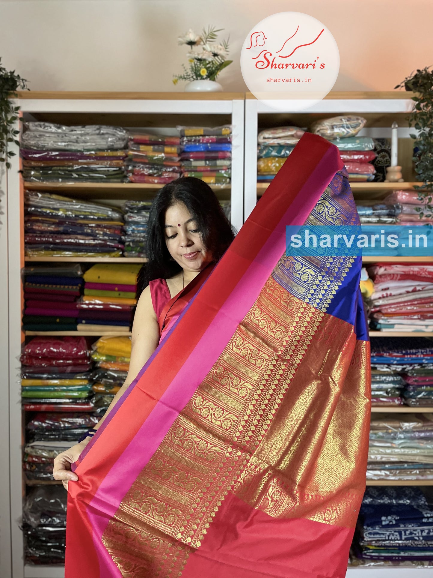 Navy Blue and Red Lichi Silk/Semi Silk Saree