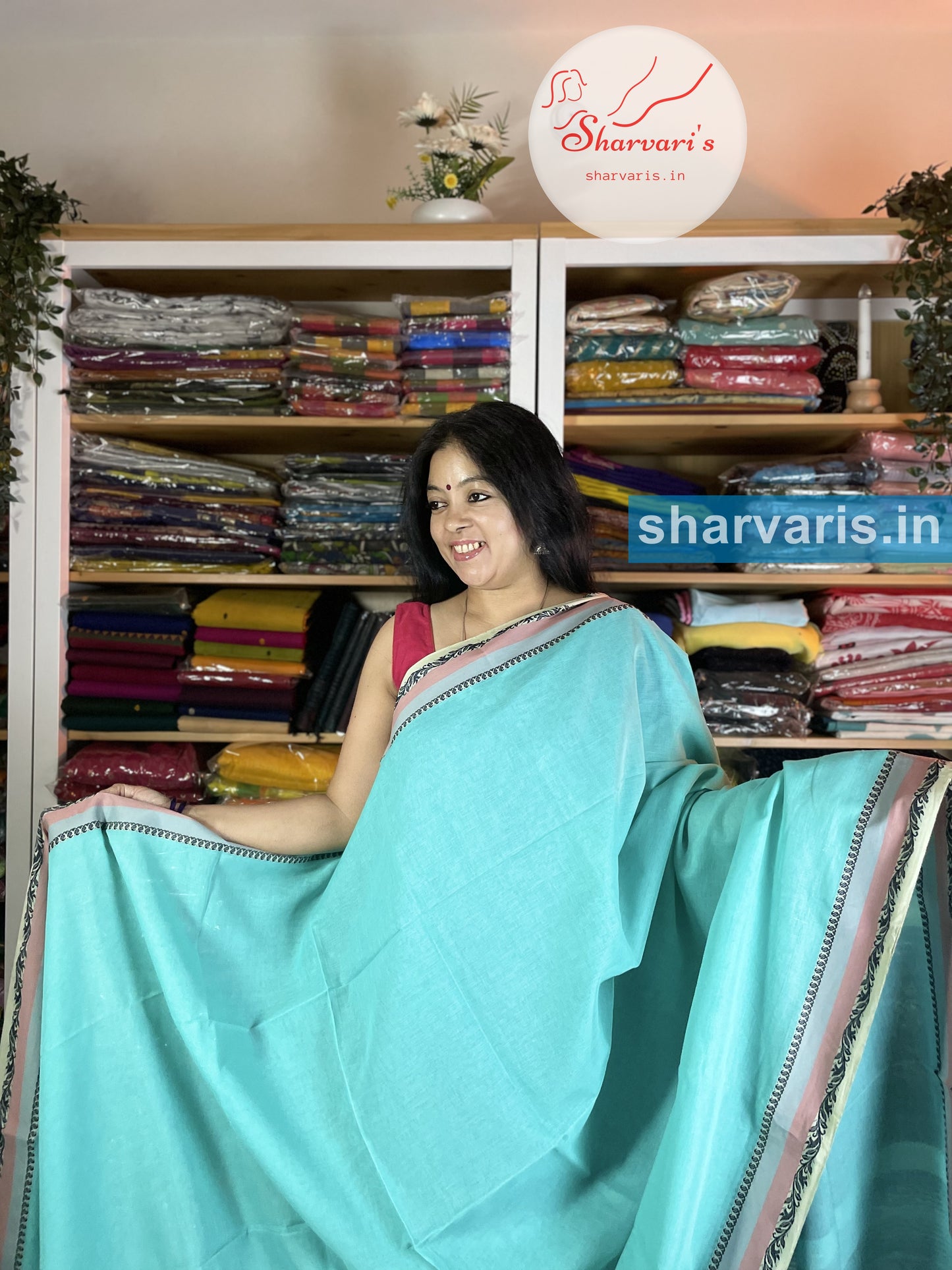 Teal Blue Soft Bengal Cotton Saree with Premium Thread Work