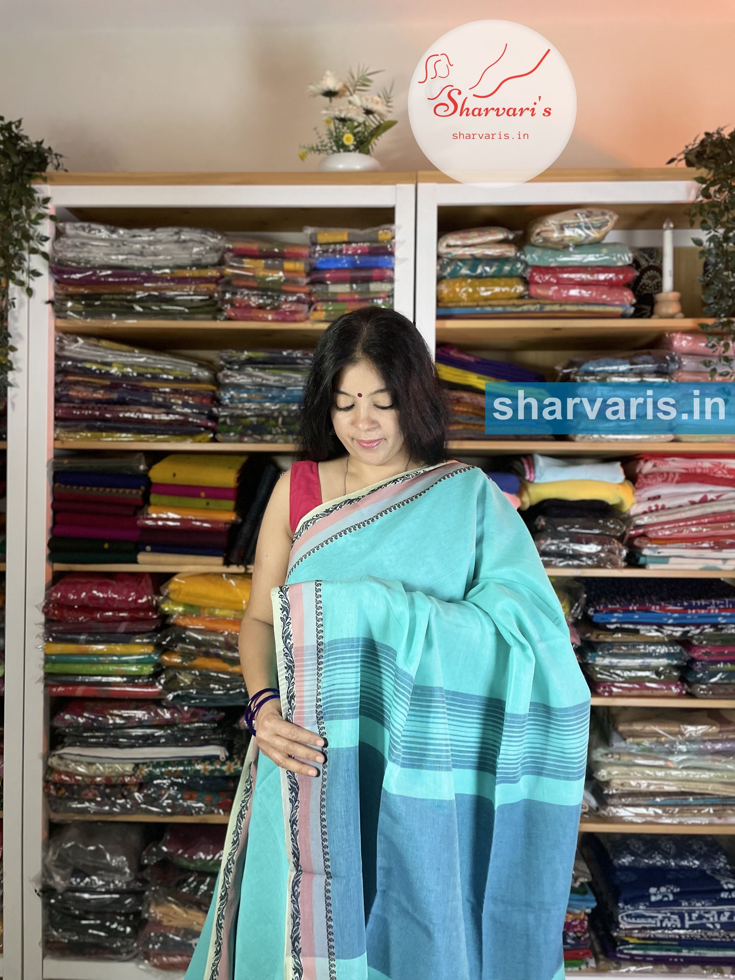 Teal Blue Soft Bengal Cotton Saree with Premium Thread Work