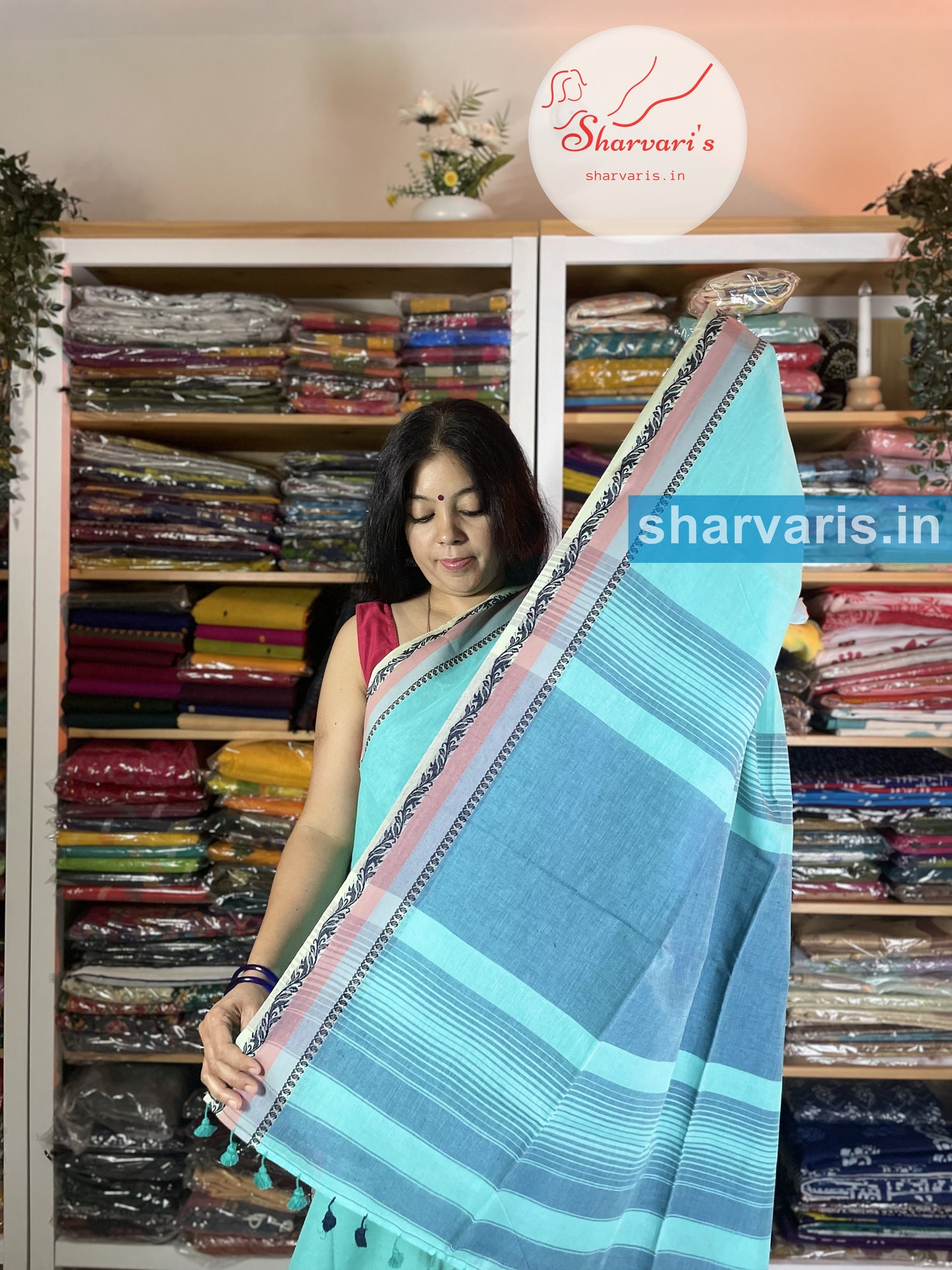 Teal Blue Soft Bengal Cotton Saree with Premium Thread Work