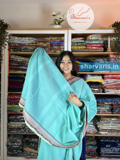 Teal Blue Soft Bengal Cotton Saree with Premium Thread Work