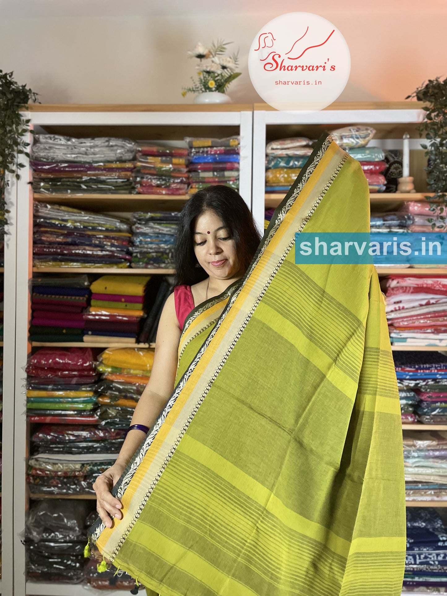 Olive Green Soft Bengal Cotton Saree with Premium Thread Work