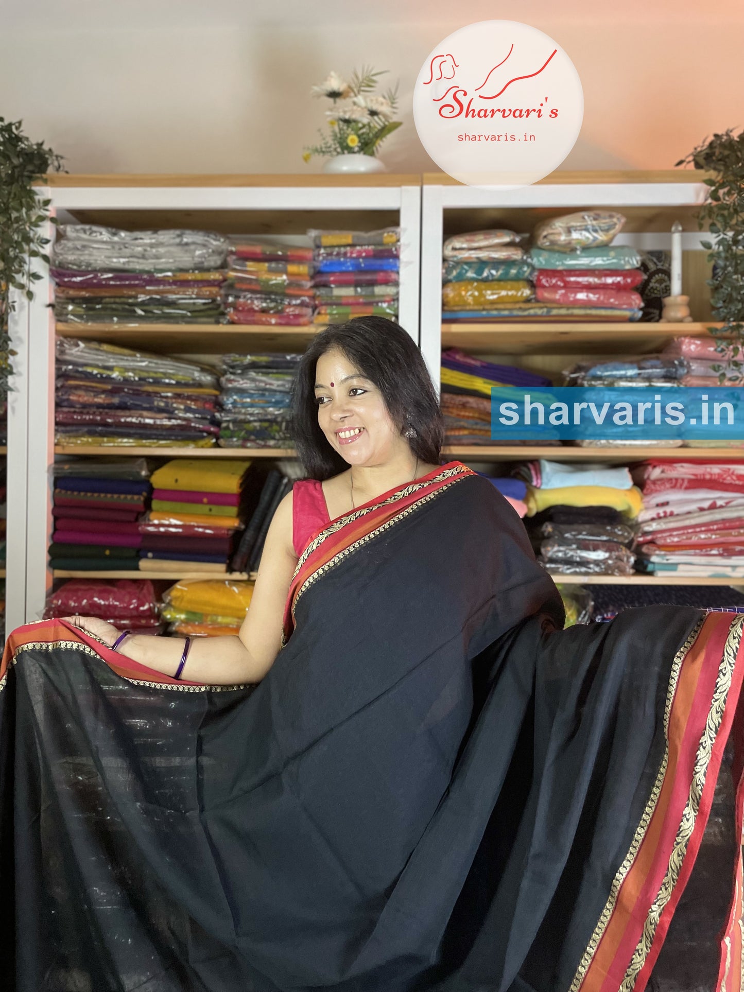 Black and Red Soft Bengal Cotton Saree with Premium Thread Work