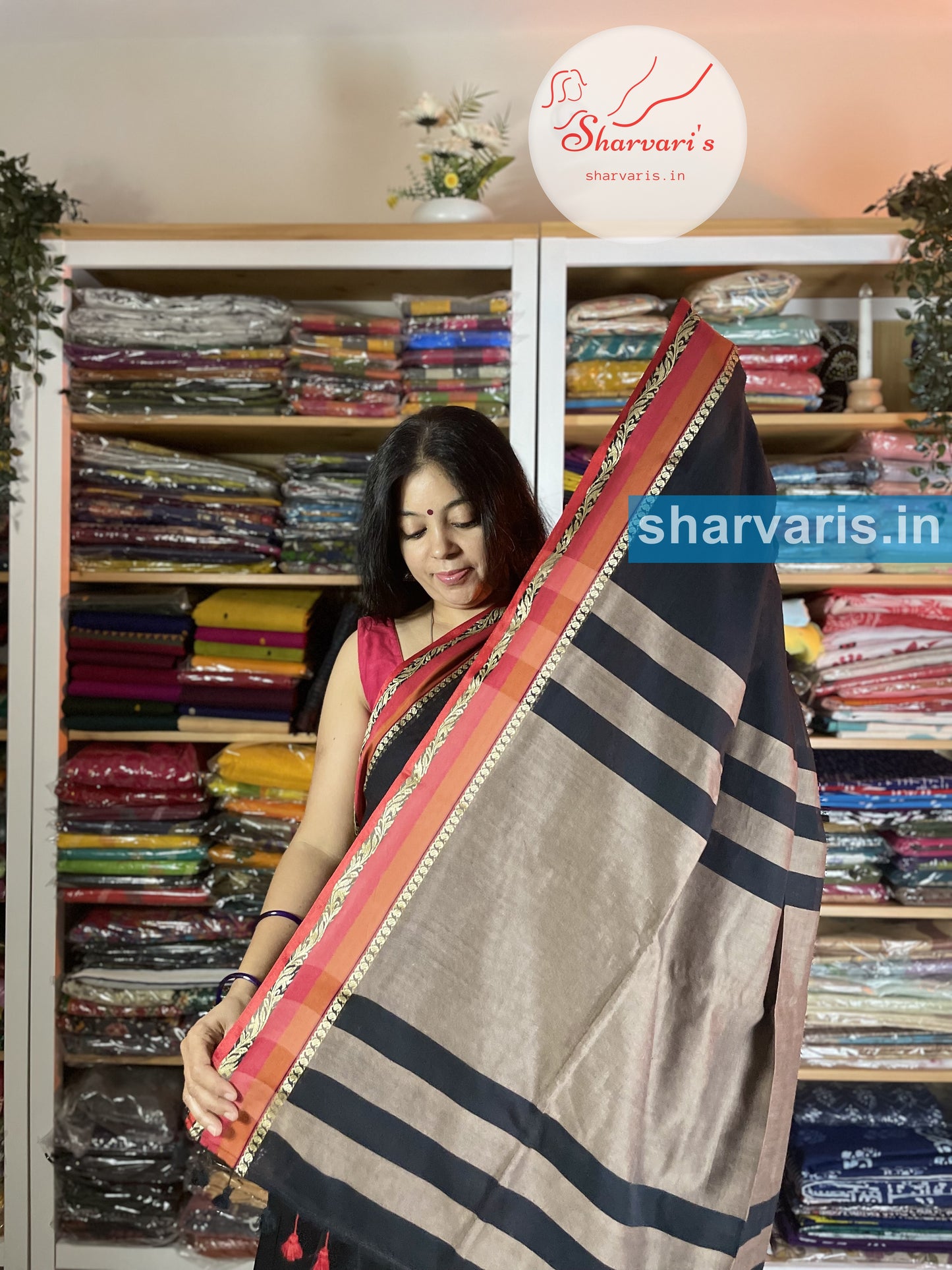 Black and Red Soft Bengal Cotton Saree with Premium Thread Work