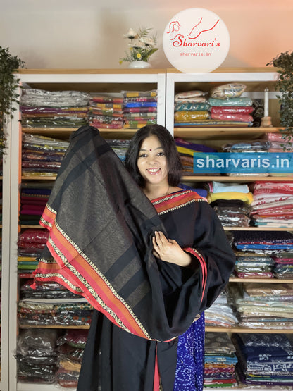 Black and Red Soft Bengal Cotton Saree with Premium Thread Work