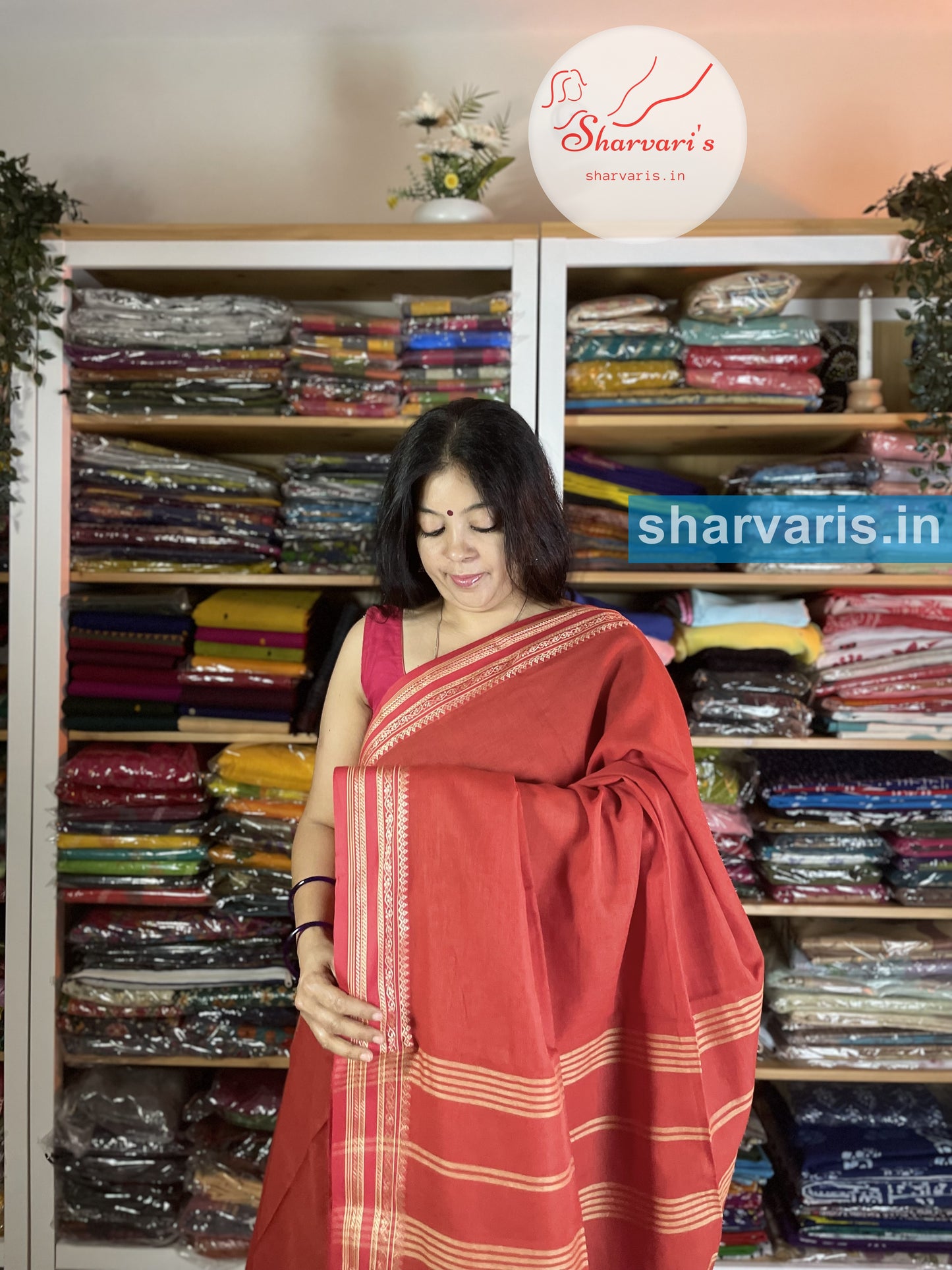 Brick Red Soft Bengal Cotton Saree with Premium Thread Work