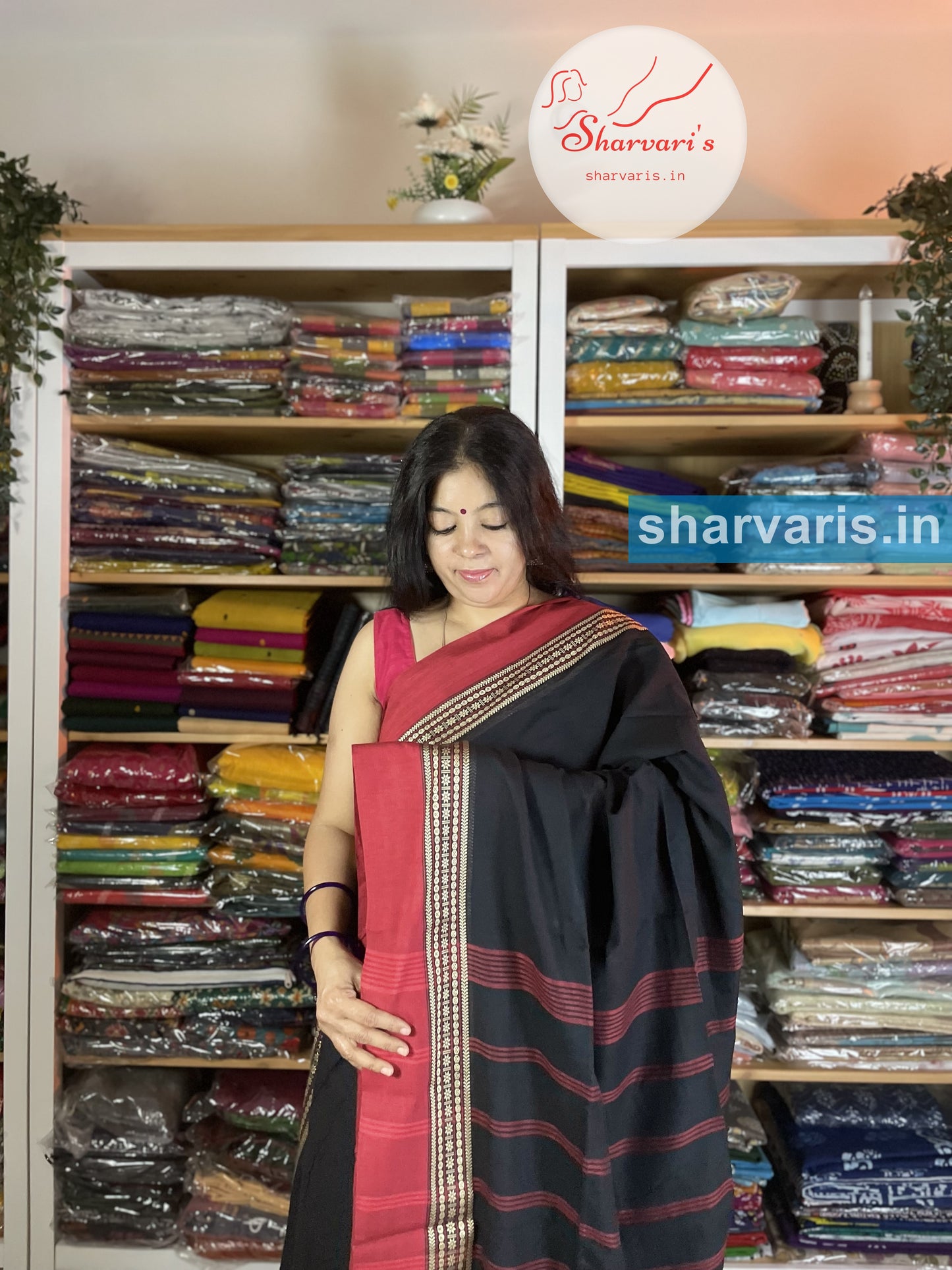 Black and Red Soft Bengal Cotton Saree with Trendy Borders