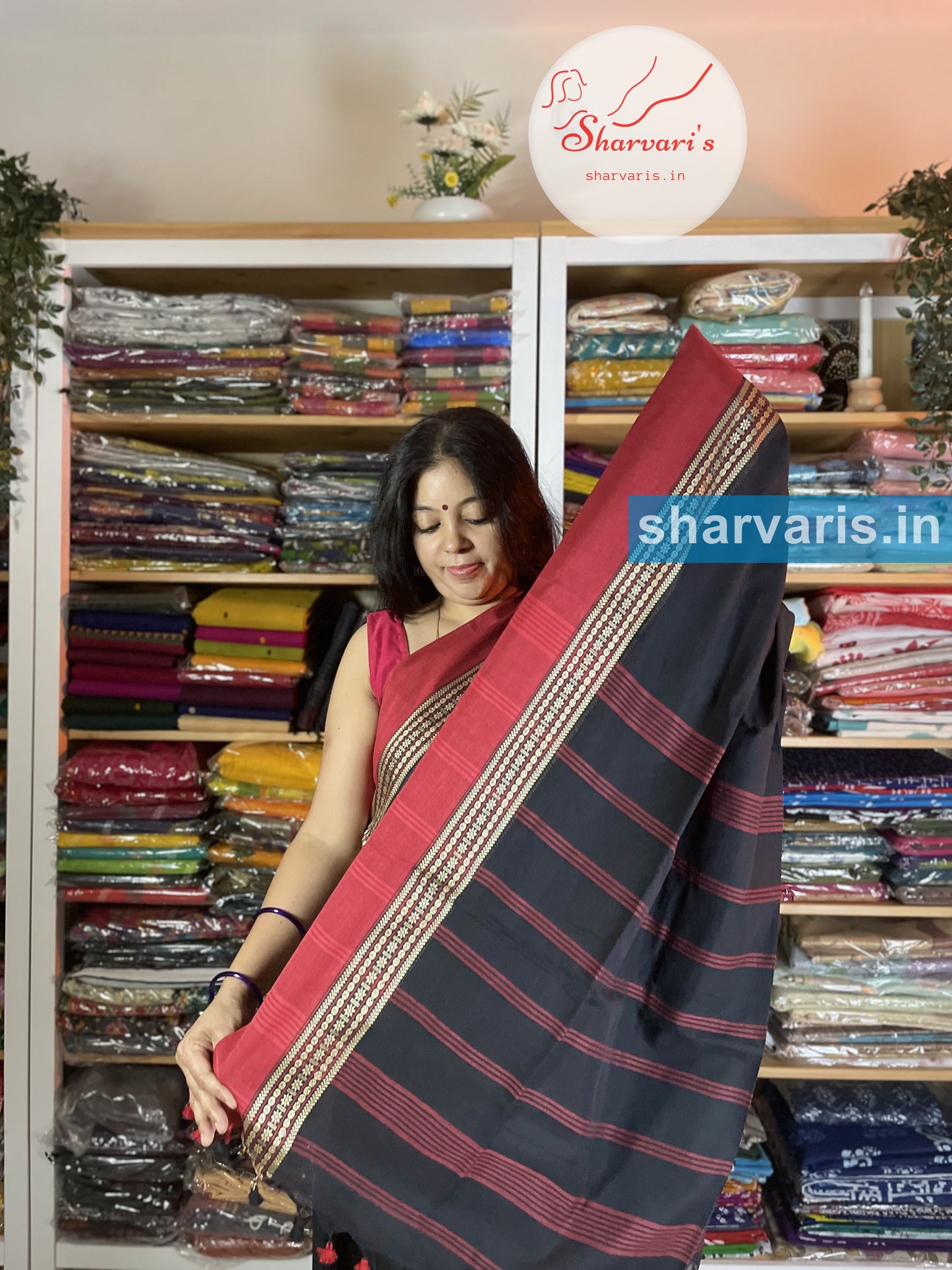 Black and Red Soft Bengal Cotton Saree with Trendy Borders