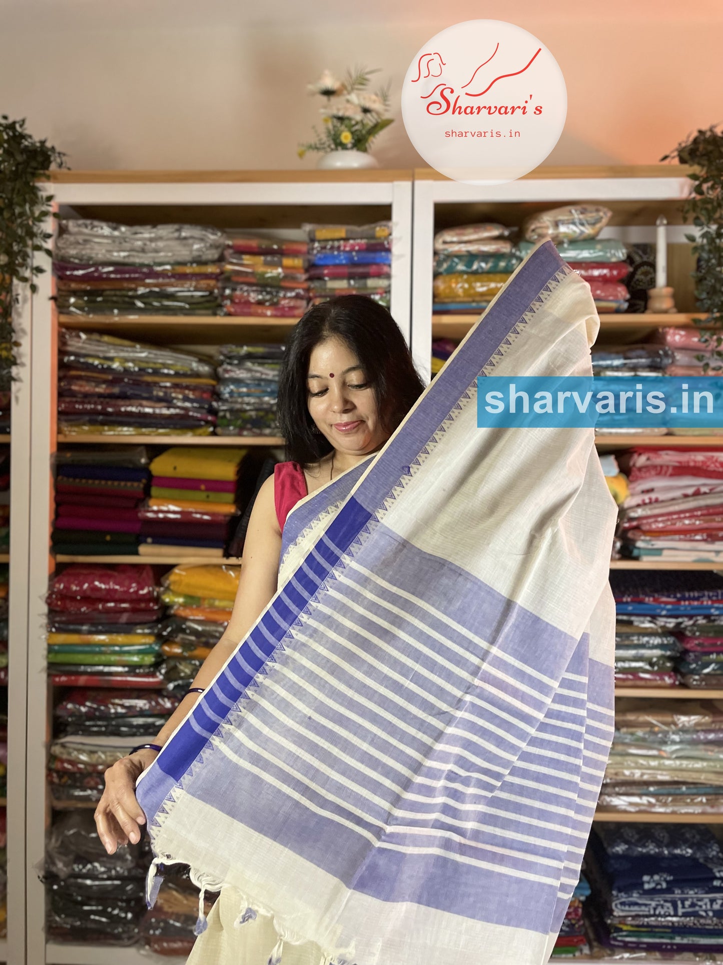 Beige and Blue Soft and Premium Bengal Cotton Saree