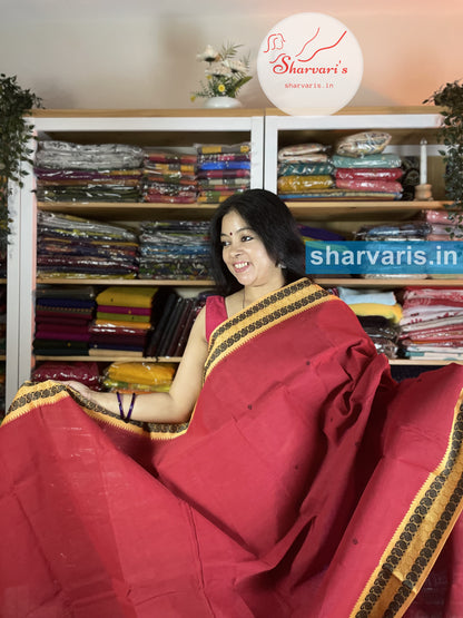 Red Soft Bengal Cotton Saree with Yellow Thread Work Borders