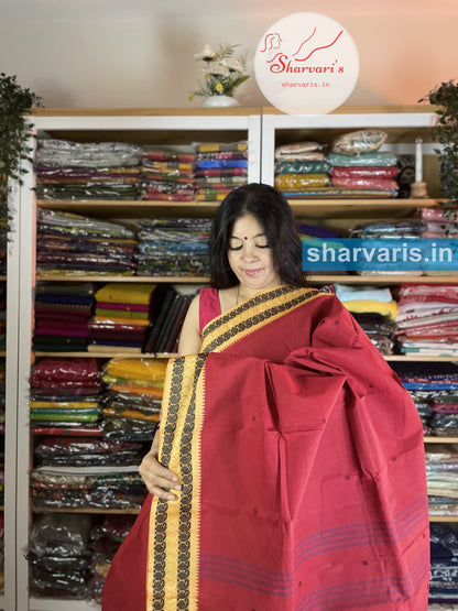 Red Soft Bengal Cotton Saree with Yellow Thread Work Borders