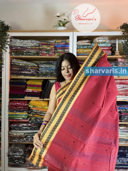 Red Soft Bengal Cotton Saree with Yellow Thread Work Borders