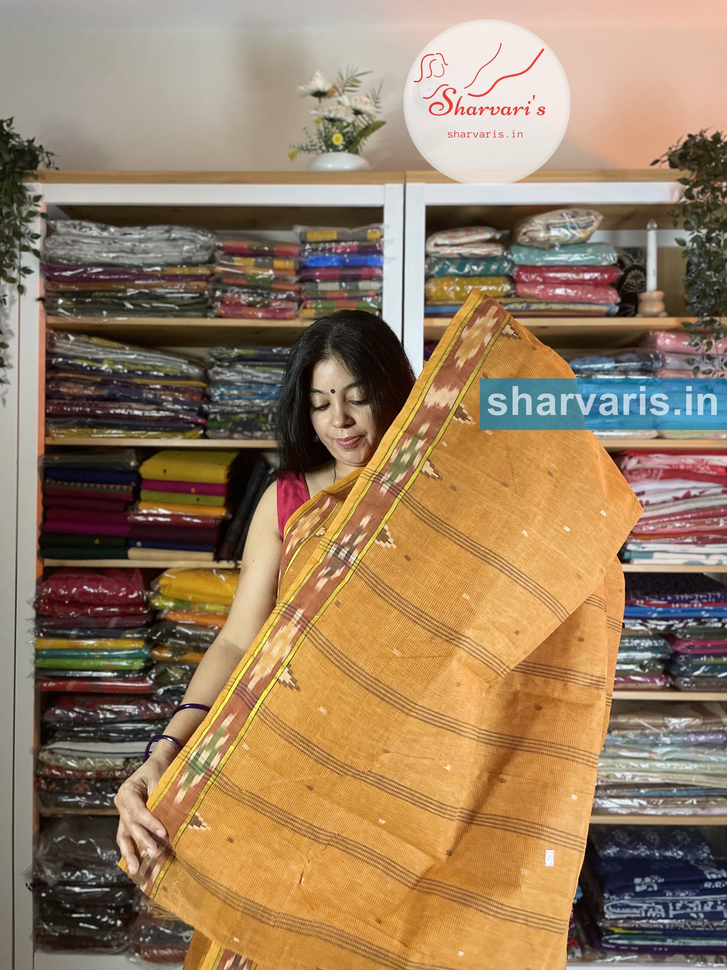 Mustard Brown Soft Bengal Cotton Saree with Ikkat Prints