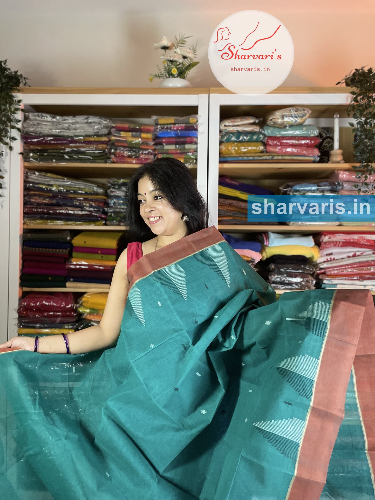 Teal Green and Brown Soft Bengal Cotton Saree