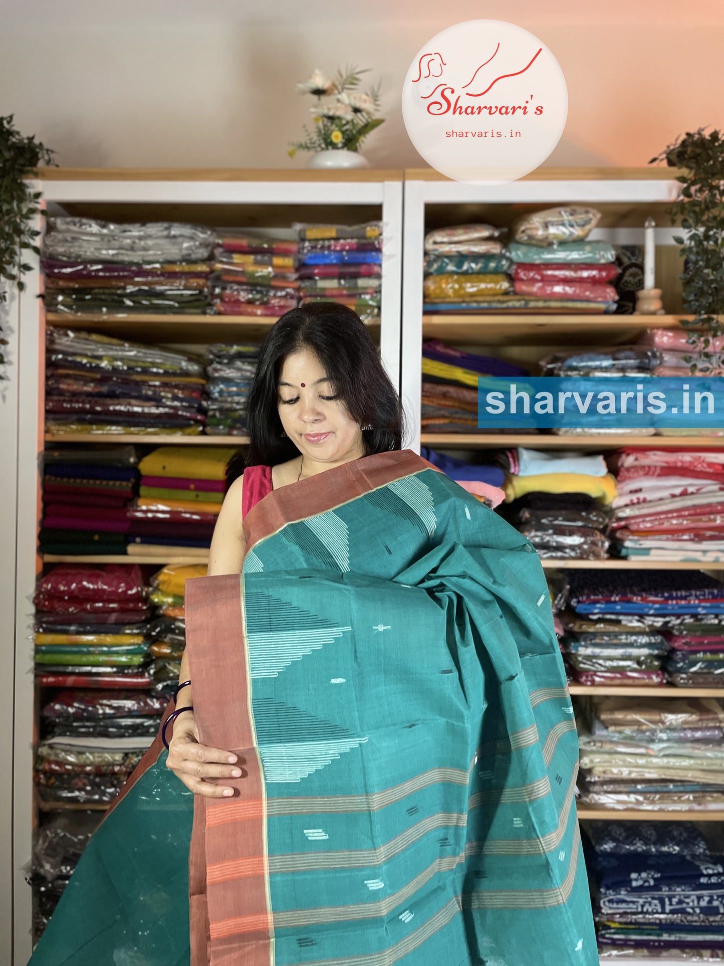 Teal Green and Brown Soft Bengal Cotton Saree