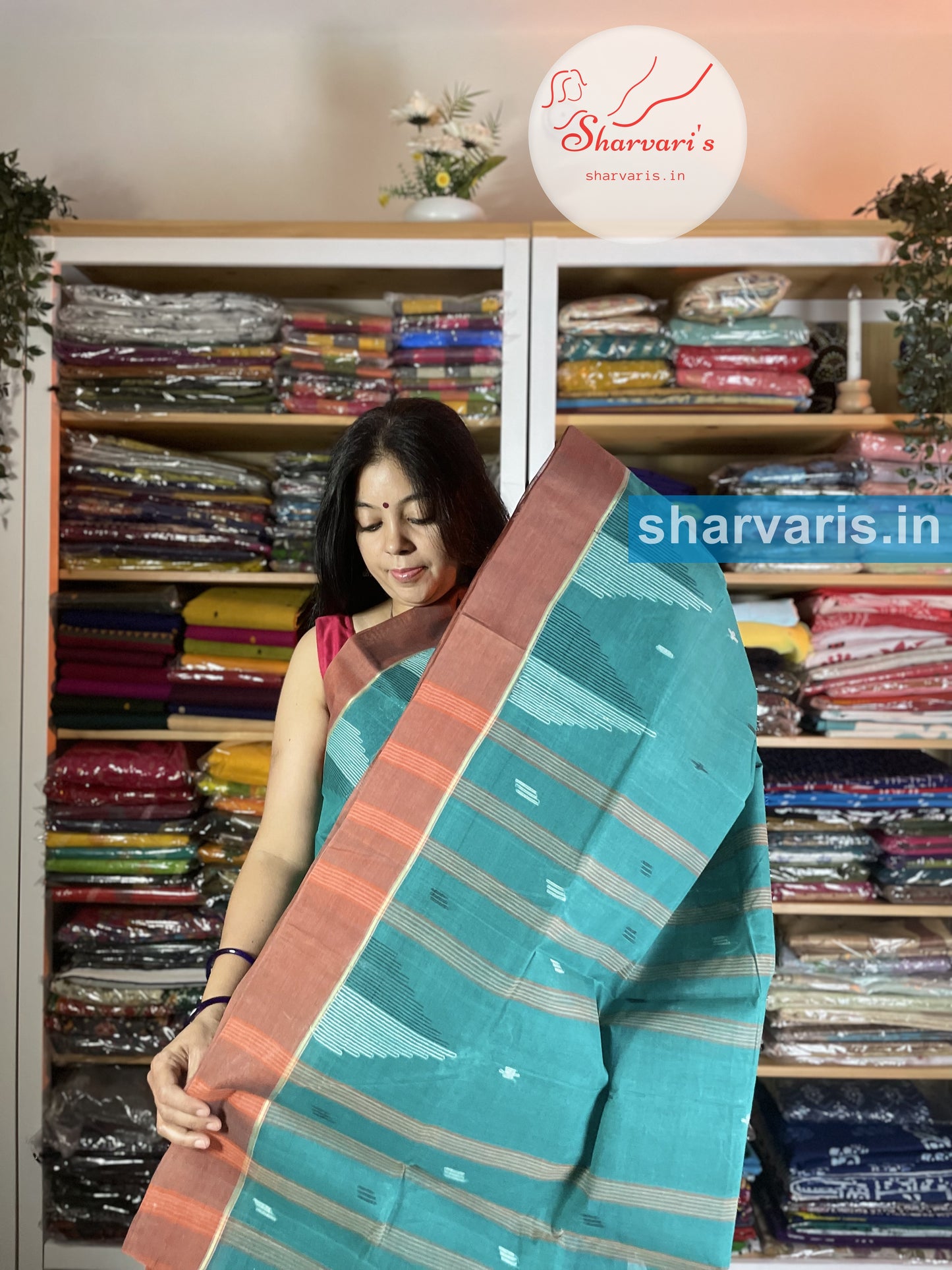 Teal Green and Brown Soft Bengal Cotton Saree