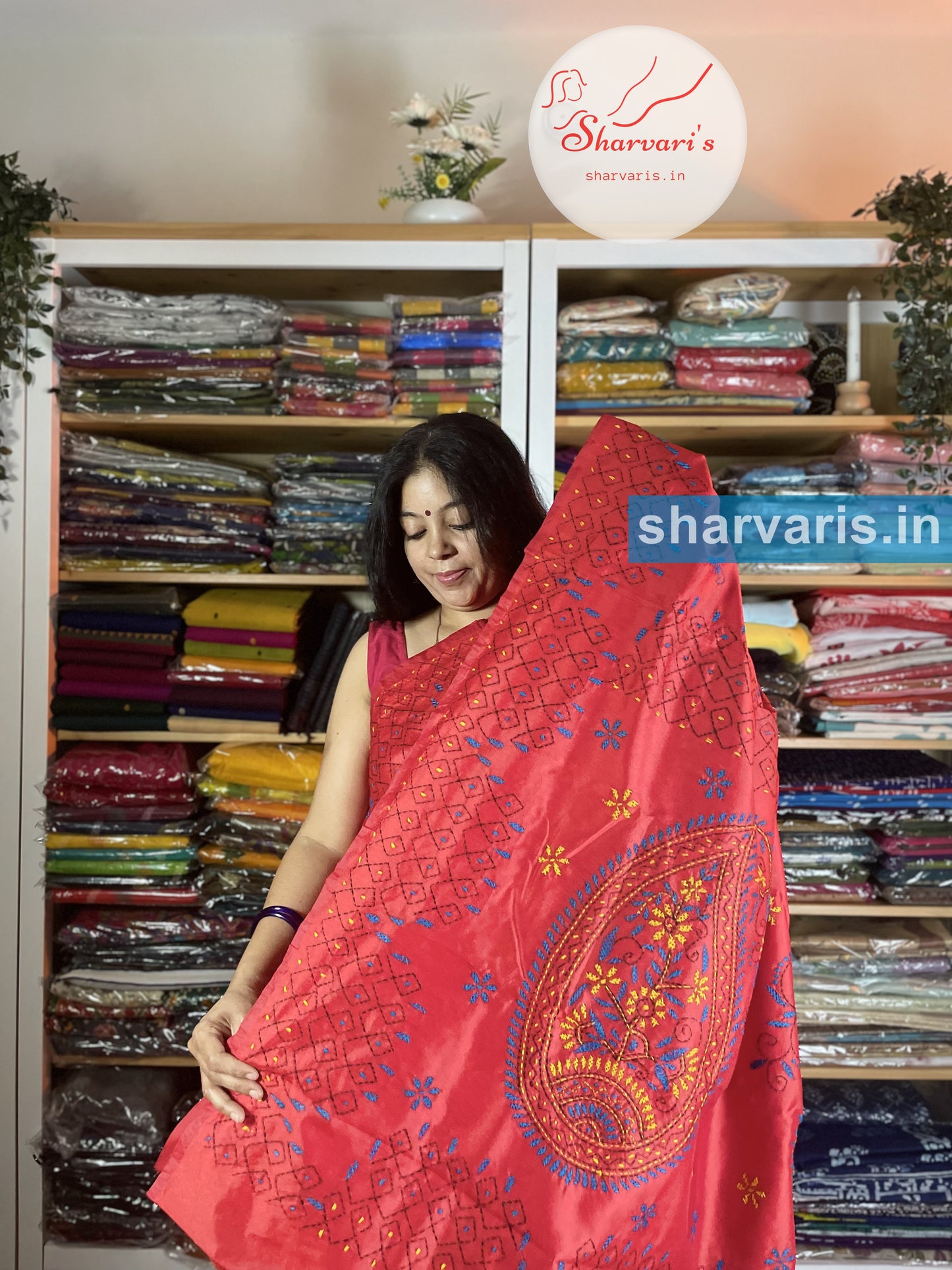 Red Silk Cotton Kantha Stitch Saree