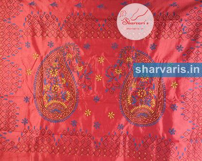 Red Silk Cotton Kantha Stitch Saree