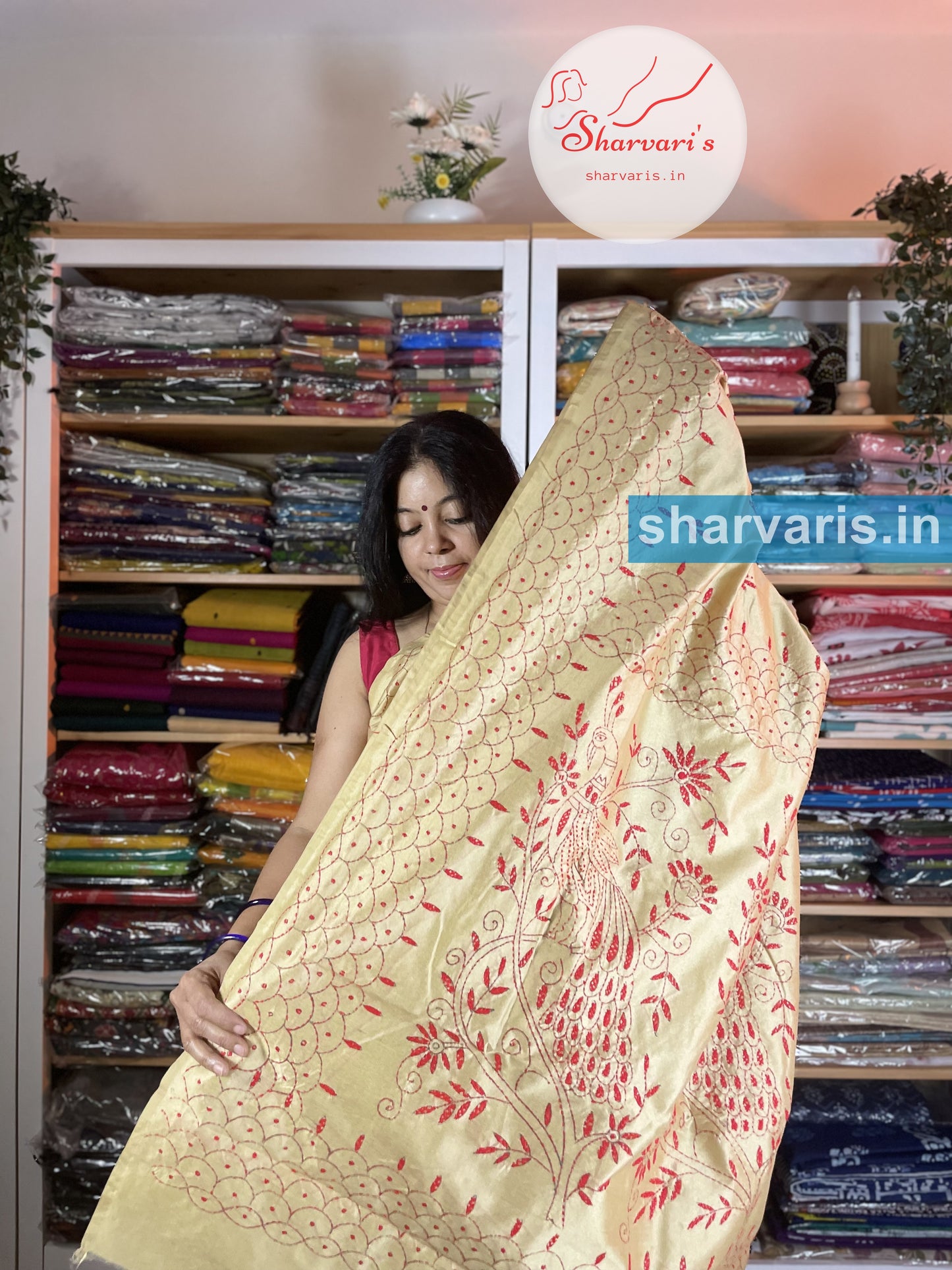 Beige and Red Silk Cotton Kantha Stitch Saree