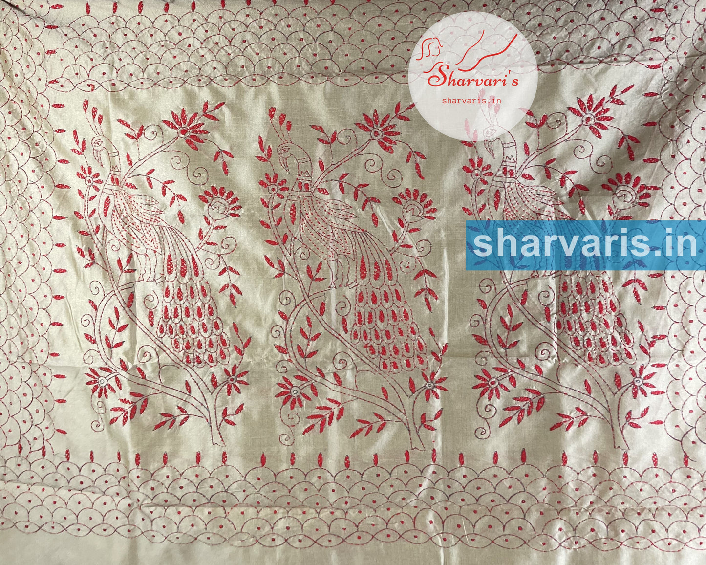 Beige and Red Silk Cotton Kantha Stitch Saree