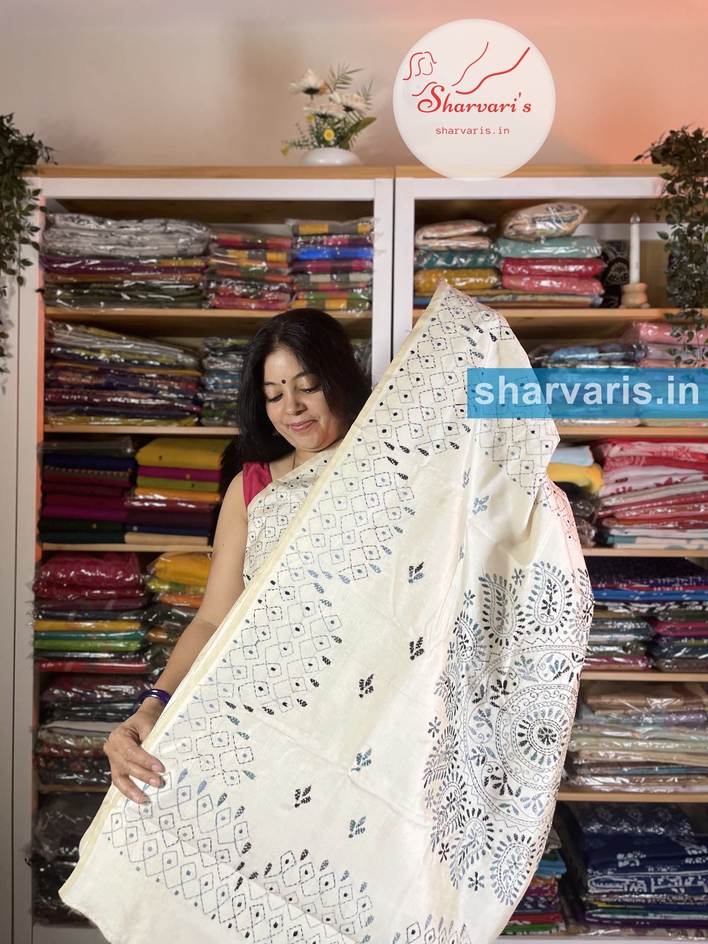 Off White Silk Cotton Kantha Stitch Saree