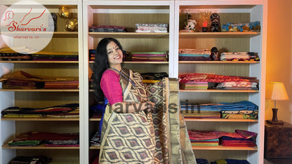 Beige and Mehendi Green Pochampally Silk Cotton