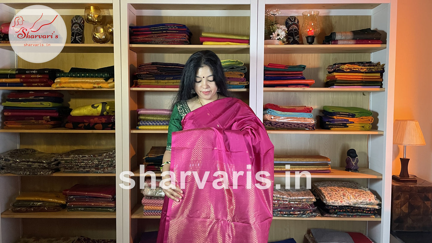 Fuchsia Pink Pure Kanchipuram Silk Saree with Gold Zari Motifs