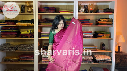 Fuchsia Pink Pure Kanchipuram Silk Saree with Gold Zari Motifs