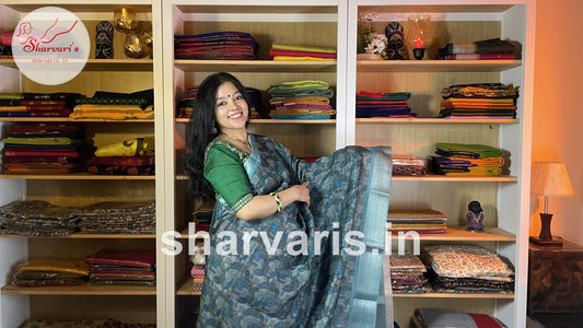 Grey and Copper Sulphate Blue Linen Jute Silk Saree