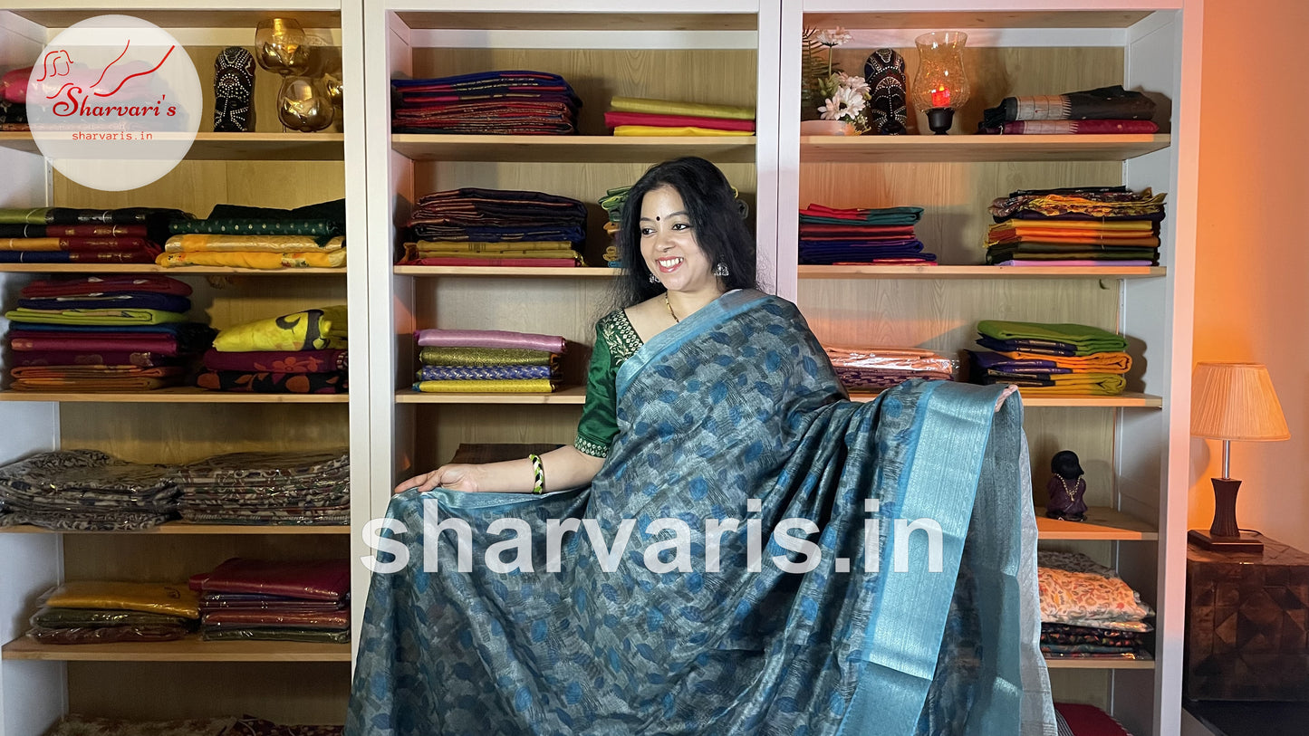 Grey and Copper Sulphate Blue Linen Jute Silk Saree