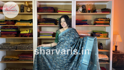 Grey and Copper Sulphate Blue Linen Jute Silk Saree