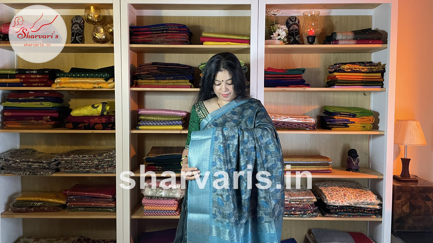 Grey and Copper Sulphate Blue Linen Jute Silk Saree