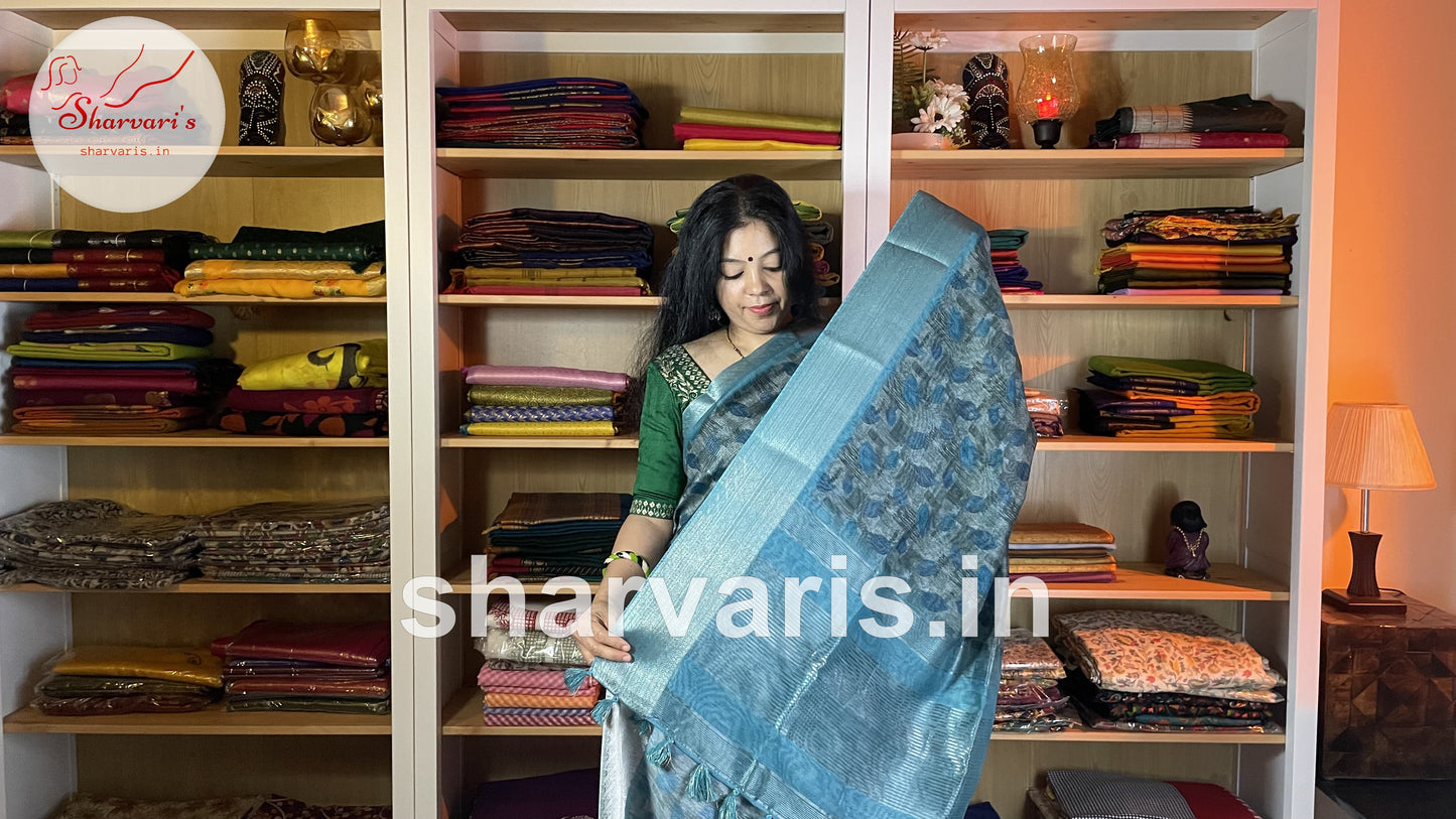 Grey and Copper Sulphate Blue Linen Jute Silk Saree