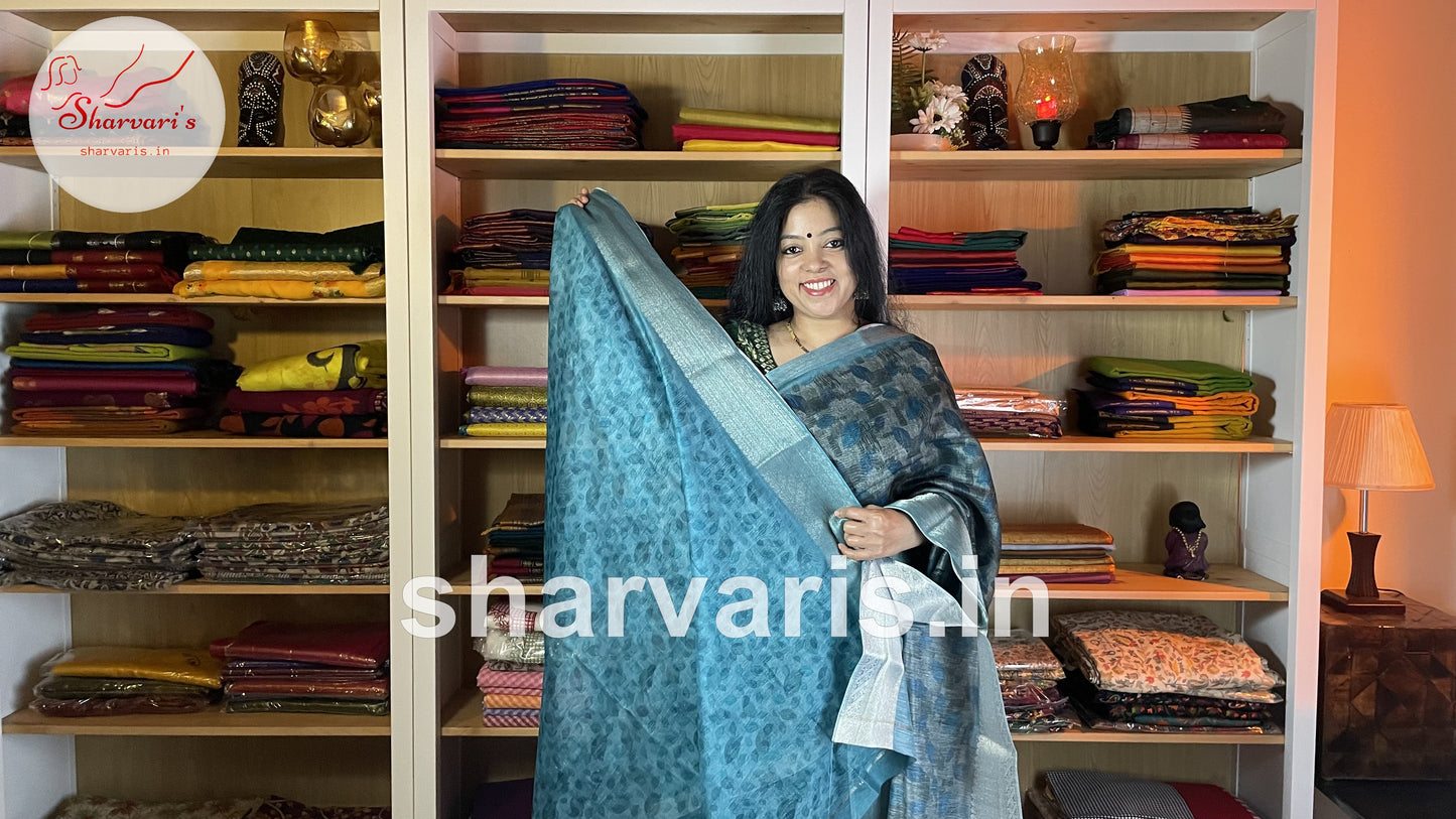 Grey and Copper Sulphate Blue Linen Jute Silk Saree