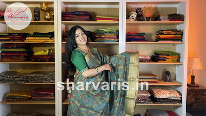 Sea Green Linen Jute Silk Saree with Leaf Prints