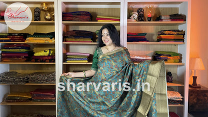 Sea Green Linen Jute Silk Saree with Leaf Prints