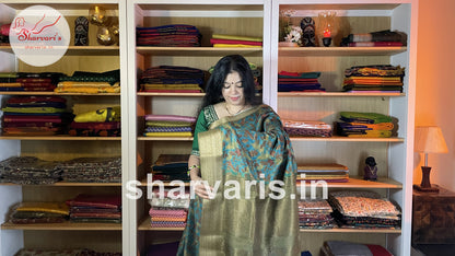 Sea Green Linen Jute Silk Saree with Leaf Prints