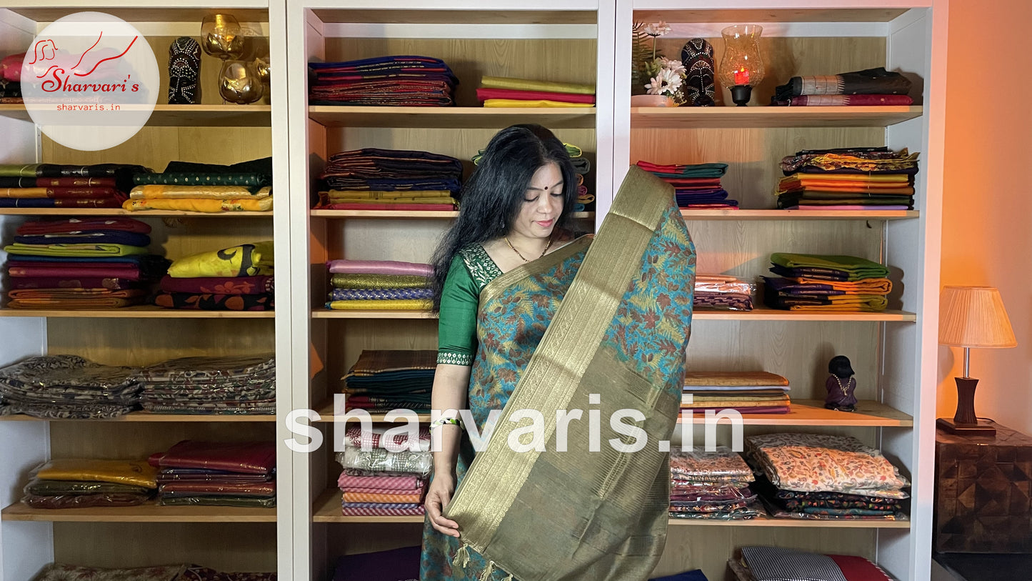 Sea Green Linen Jute Silk Saree with Leaf Prints