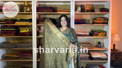 Sea Green Linen Jute Silk Saree with Leaf Prints