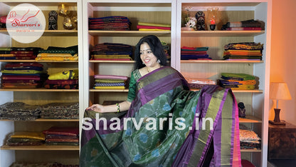 Pine Green Uppada Soft Silk Saree with Pochampally Motifs