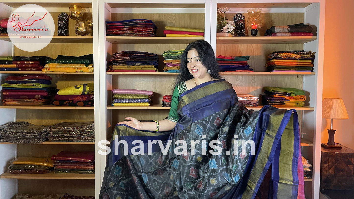 Greyish Black Uppada Soft Silk Saree with Pochampally Motifs