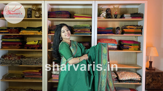 Emerald Green and Red Tripura Silk Saree with Pochampally Borders