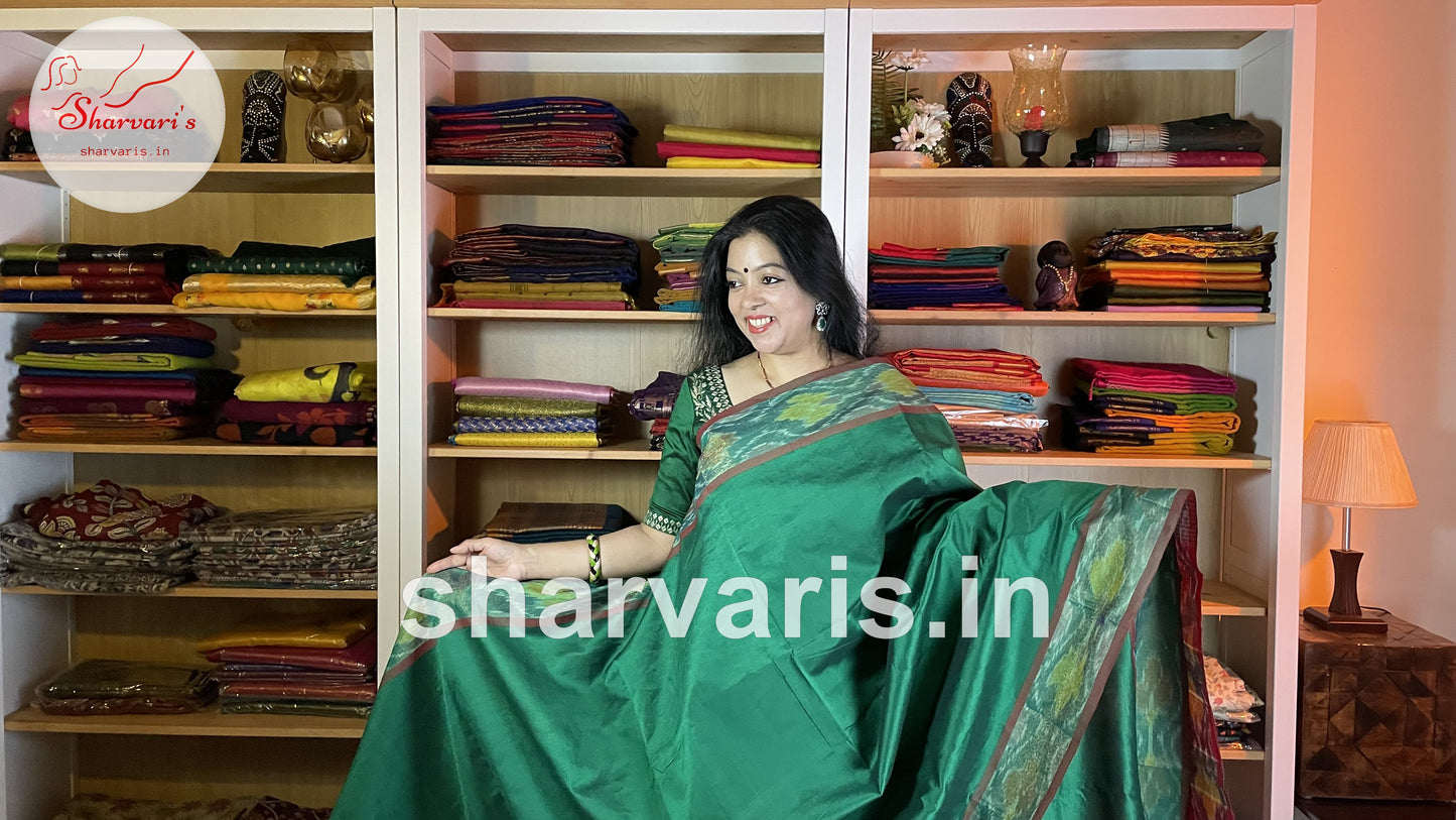 Emerald Green and Red Tripura Silk Saree with Pochampally Borders