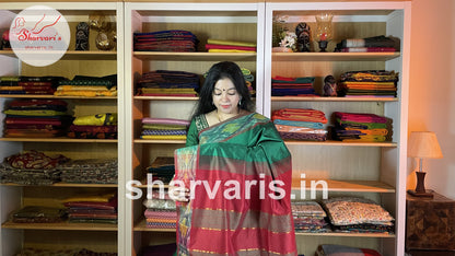 Emerald Green and Red Tripura Silk Saree with Pochampally Borders