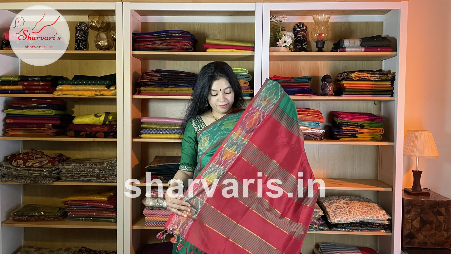 Emerald Green and Red Tripura Silk Saree with Pochampally Borders