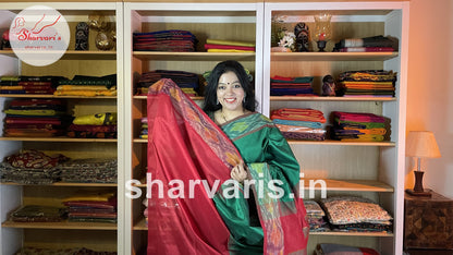 Emerald Green and Red Tripura Silk Saree with Pochampally Borders